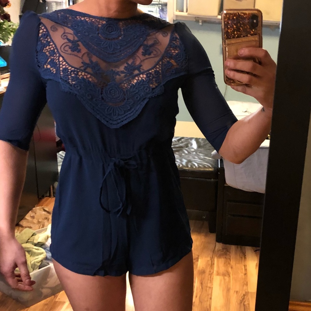 NWOT navy blue crochet and chiffon romper - Picture 1 of 5